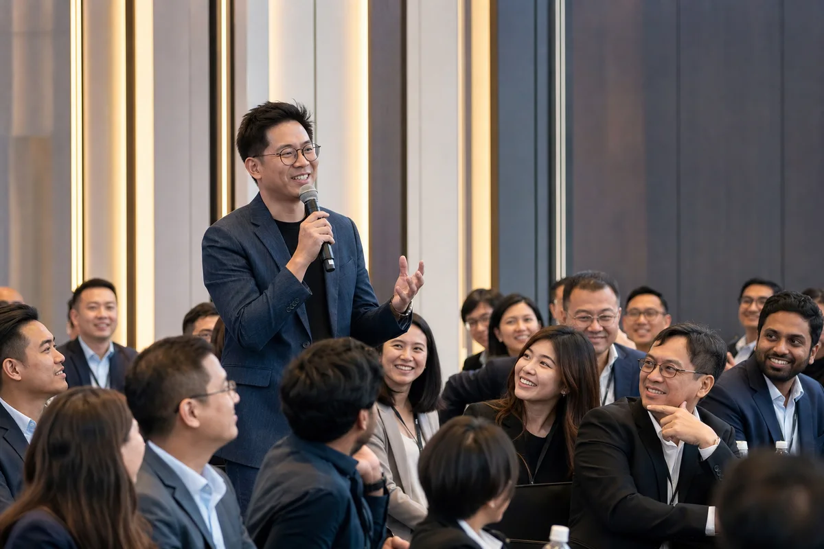 Conference attendee contributing during a business session