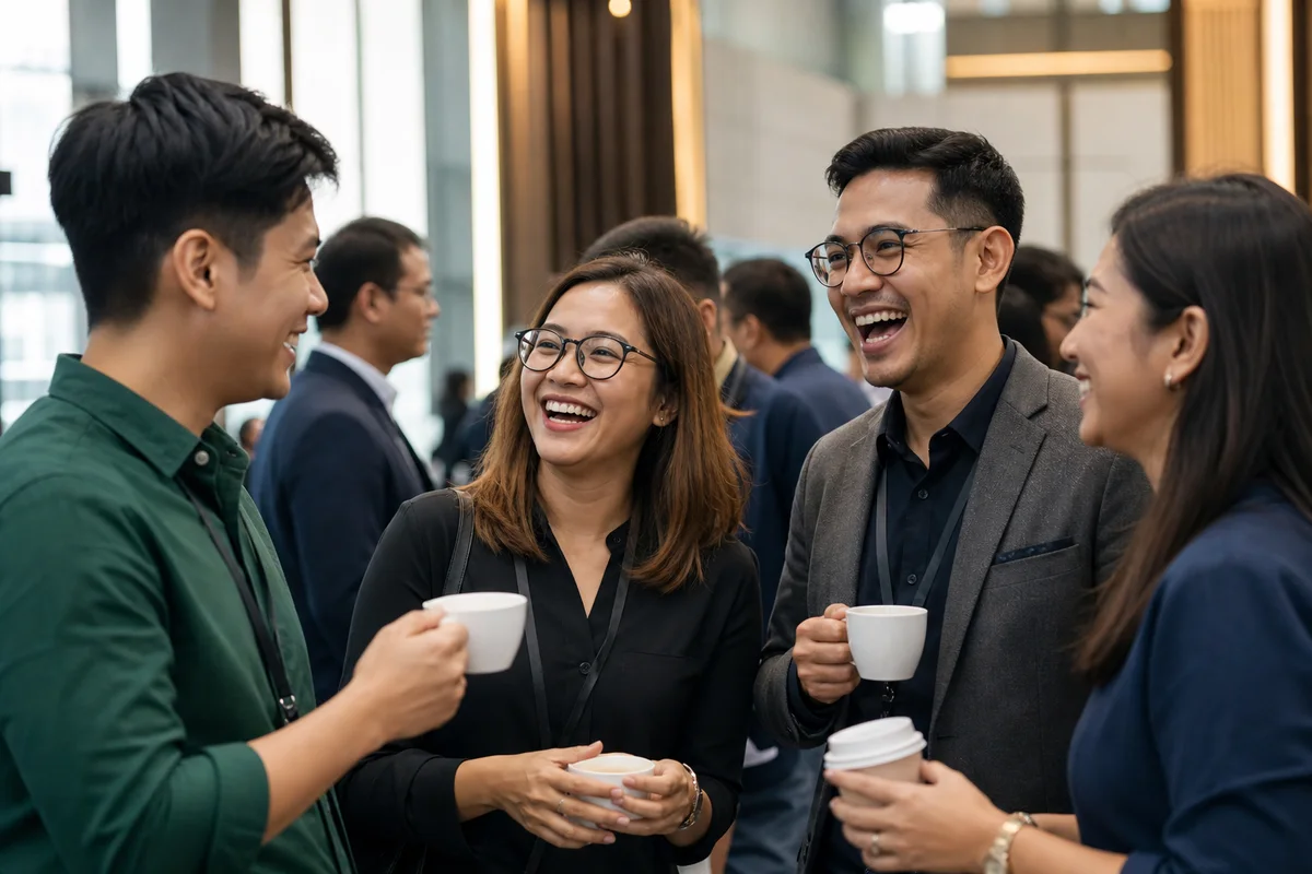 Professionals networking during a conference break